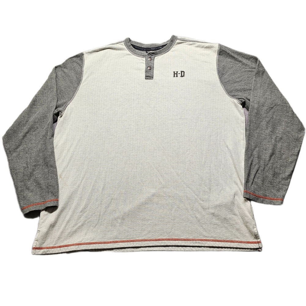 Harley-Davidson Henley Shirt Mens 2XL Gray Waffle Knit Graphic Print Long Sleeve